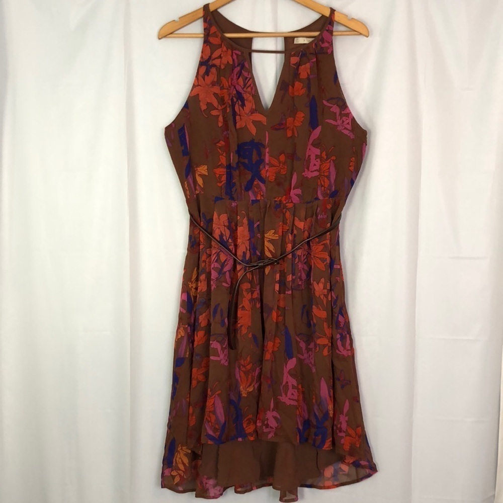 Hinge by Anthropologie Brown/ Red/Pink/Orange Flowy Halter Floral Dress Sz M